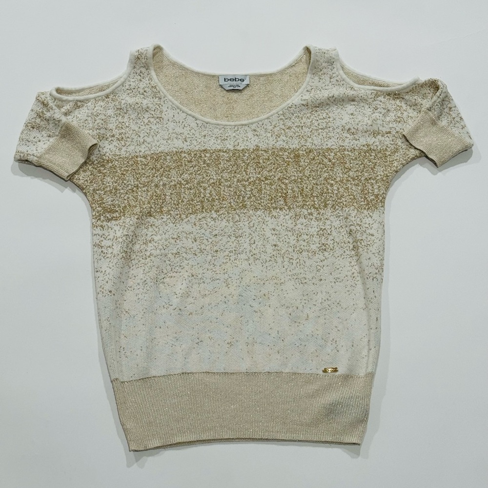 bebe Women's Sz M Pullover Cold Shoulder Sweater Beige/Gold Short Sleeves